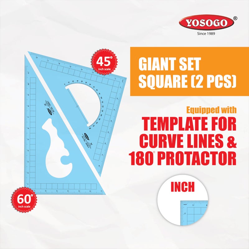 Yosogo Pack of 2 Large Transparent Triangle Ruler Set Square: 12 Inch- 30/60 Degree & 9 inch 45/90 Degree | Essential for School and Work use (Inch Scale) - Image 2